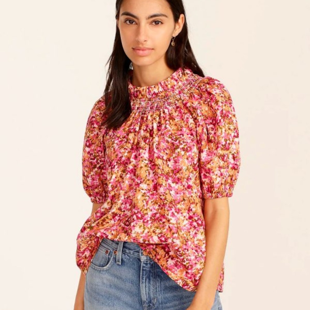 J. Crew Smocked Neck Puff Sleeve Top